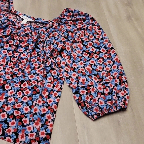 🛍Popsugar Red Blue Floral 3/4 Cinched Sleeve Square Neck Blouse Womens Large - Picture 3 of 6